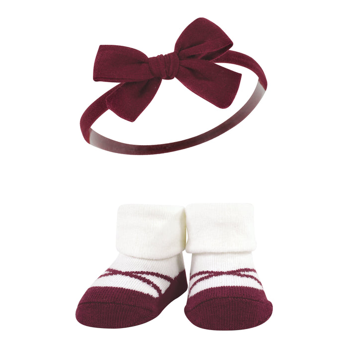 Hudson Baby Infant Girls Headband and Socks Giftset, Burgundy Black, One Size