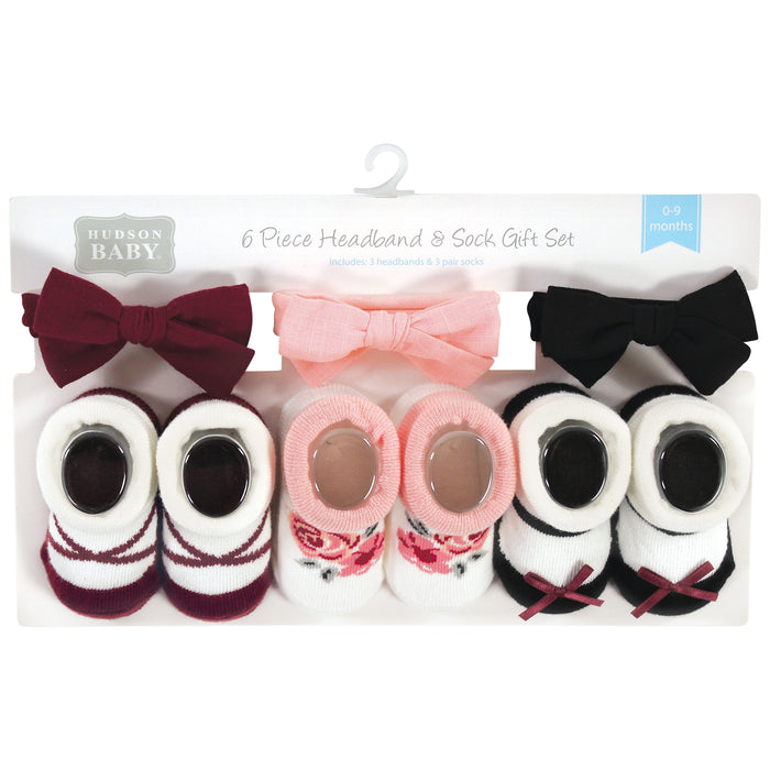 Hudson Baby Infant Girls Headband and Socks Giftset, Burgundy Black, One Size