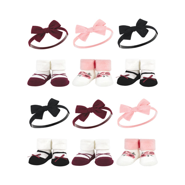 Hudson Baby Infant Girl 12 Piece Headband and Socks Giftset, Burgundy Black, One Size