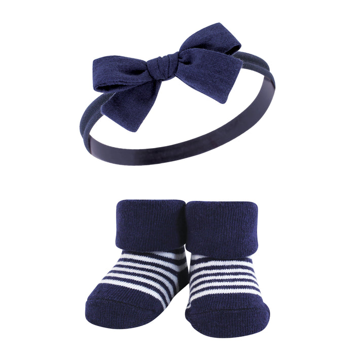 Hudson Baby Infant Girl Headband and Socks Giftset, Navy Coral, One Size