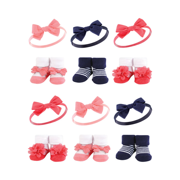 Hudson Baby Infant Girl 12 Piece Headband and Socks Giftset, Navy Coral, One Size