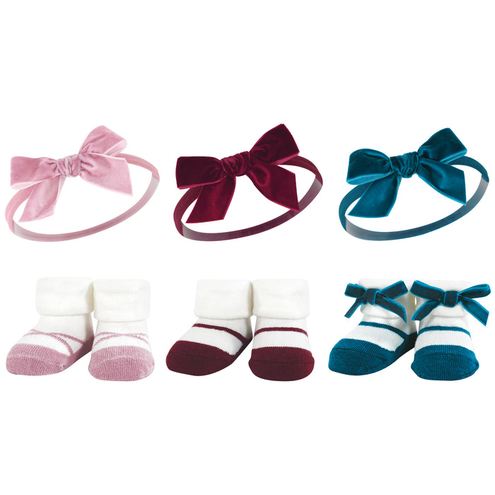 Hudson Baby Infant Girl 12 Piece Headband and Socks Giftset, Burgundy Pink Teal