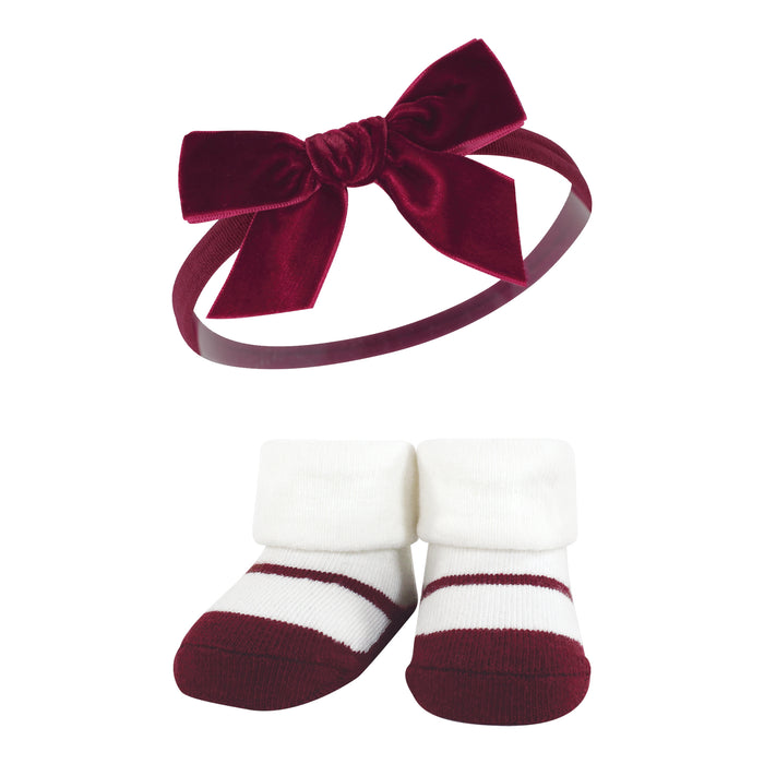 Hudson Baby Infant Girl Headband and Socks Giftset, Burgundy Pink Teal