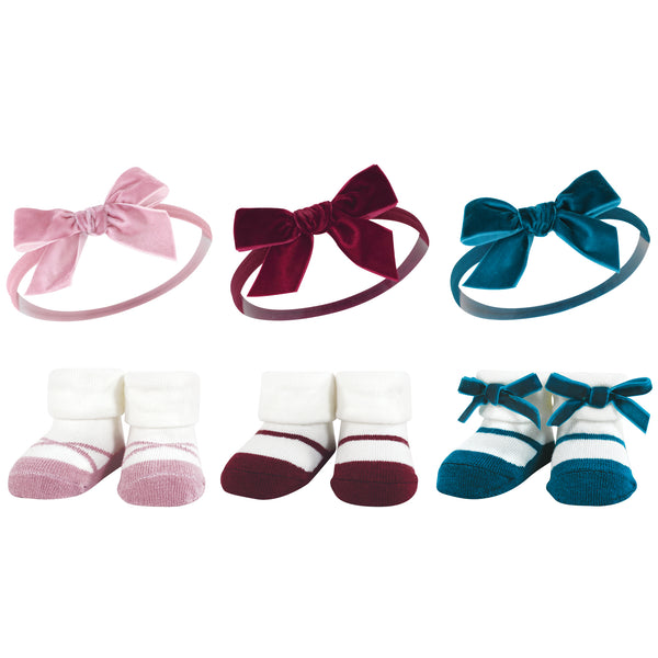 Hudson Baby Infant Girl Headband and Socks Giftset, Burgundy Pink Teal