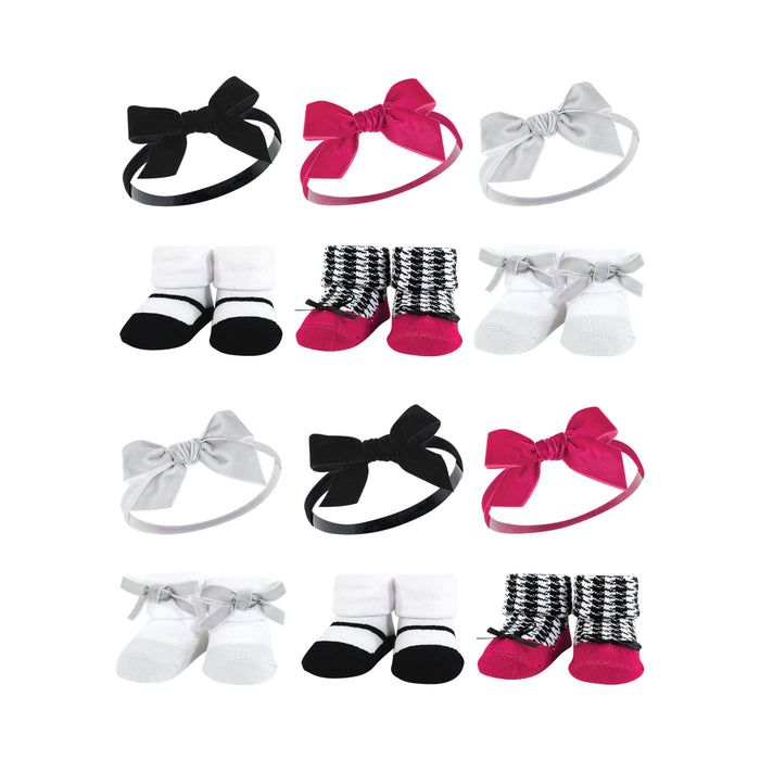 Hudson Baby Infant Girl 12 Piece Headband and Socks Giftset, Black Pink, One Size