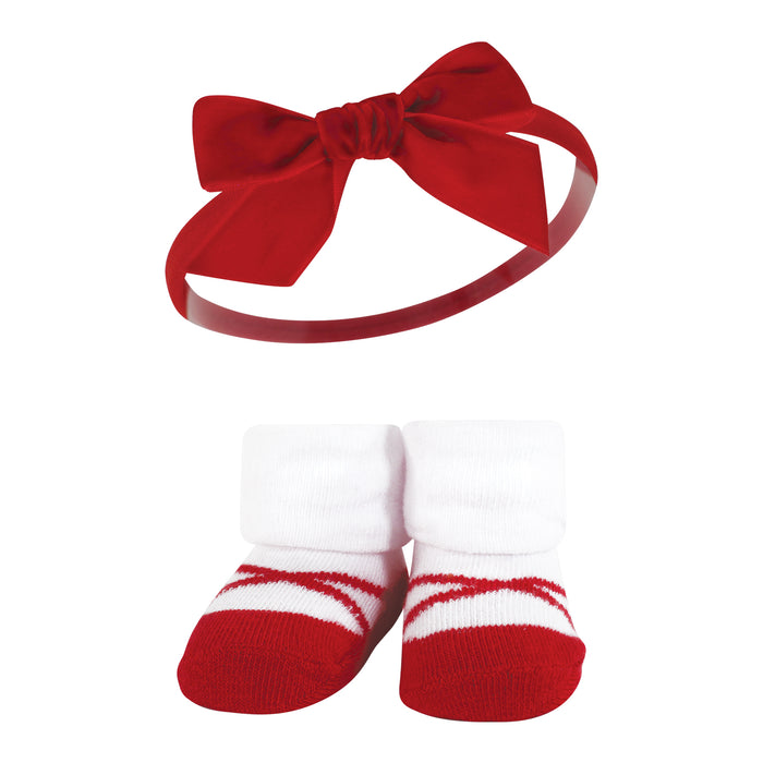 Hudson Baby Infant Girl Headband and Socks Giftset, Dark Red Blue, One Size