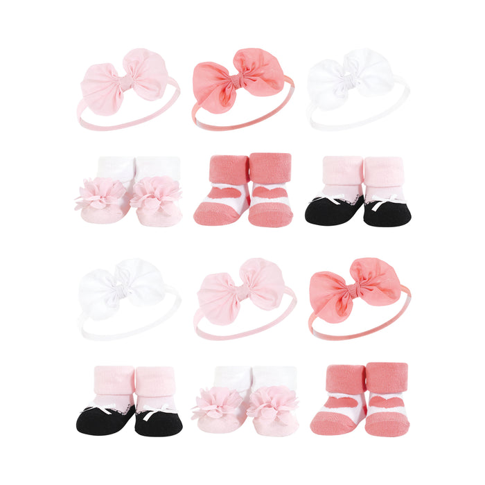 Hudson Baby Infant Girl 12 Piece Headband and Socks Giftset, Blush White