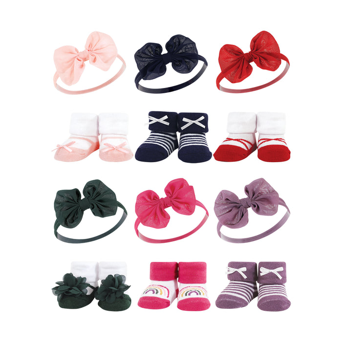 Hudson Baby 12 Piece Headband and Socks Giftset, Red Navy Bows Green Purple