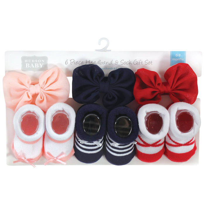 Hudson Baby Infant Girls Headband and Socks Giftset, Red Navy Bows, One Size