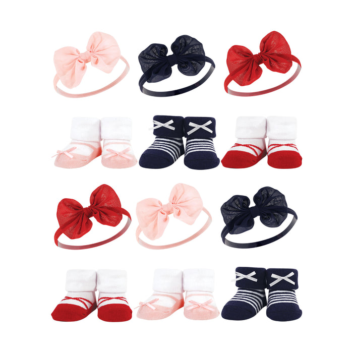 Hudson Baby 12 Piece Headband and Socks Giftset, Red Navy Bows