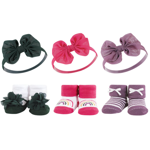 Hudson Baby Infant Girl Headband and Socks Giftset, Green Purple, One Size