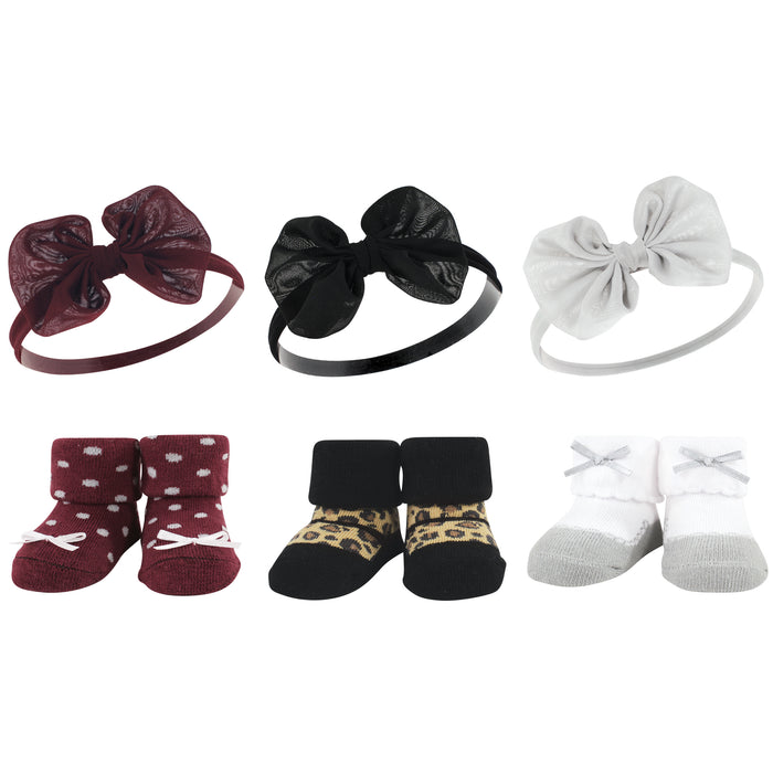 Hudson Baby 12 Piece Headband and Socks Giftset, Burgundy Leopard Blush Taupe, One Size