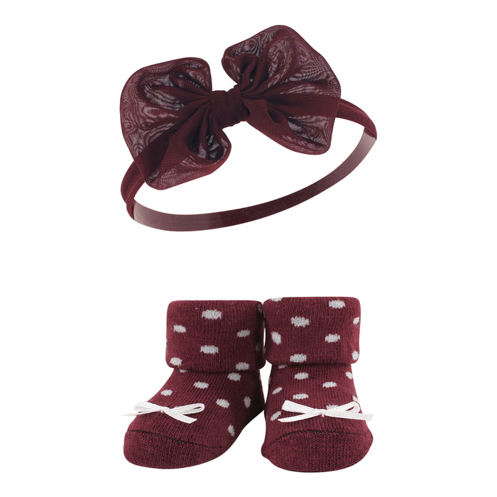 Hudson Baby Infant Girls Headband and Socks Giftset, Burgundy Leopard, One Size