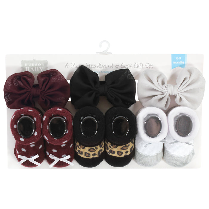 Hudson Baby Infant Girls Headband and Socks Giftset, Burgundy Leopard, One Size