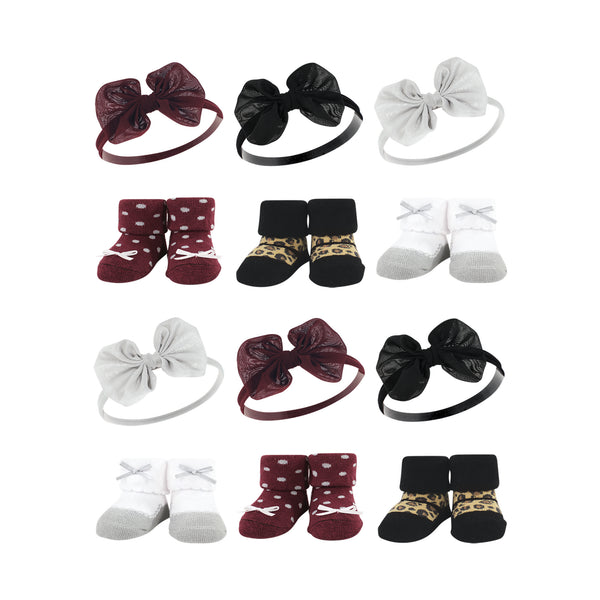 Hudson Baby Infant Girl 12 Piece Headband and Socks Giftset, Burgundy Leopard, One Size