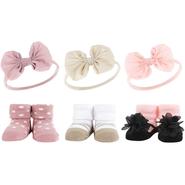 Hudson Baby Infant Girl Headband and Socks Giftset, Blush Taupe, One Size