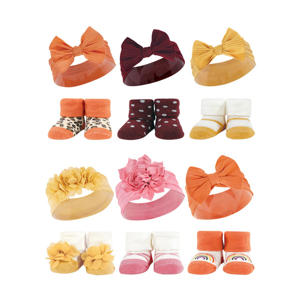 Hudson Baby 12 Piece Headband and Socks Giftset, Burgundy Orange Yellow, One Size