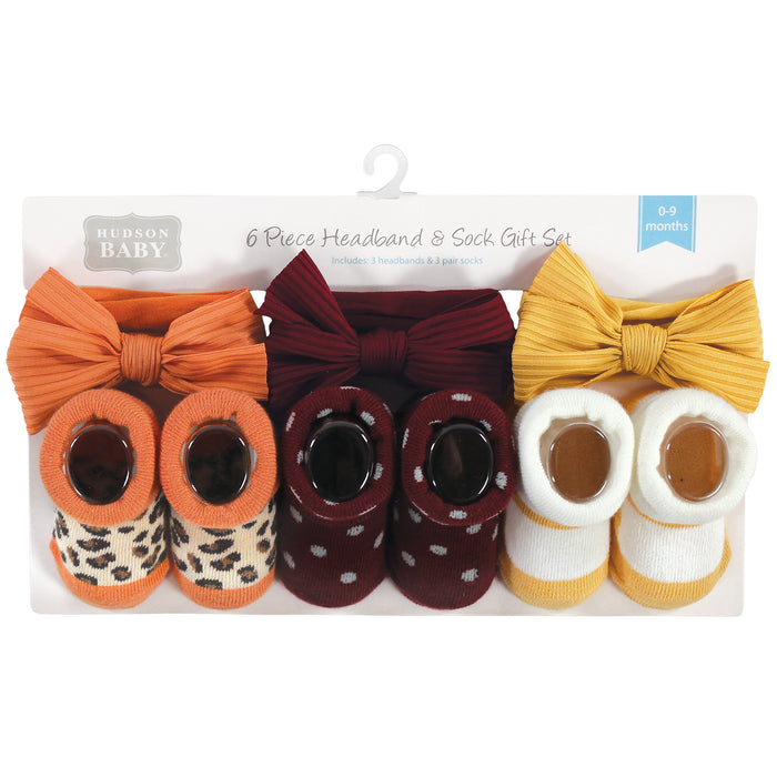 Hudson Baby Infant Girls Headband and Socks Giftset, Burgundy Orange, One Size