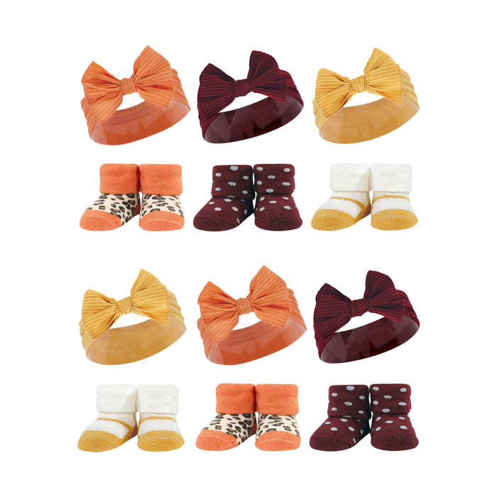 Hudson Baby Infant Girl 12 Piece Headband and Socks Giftset, Burgundy Orange, One Size