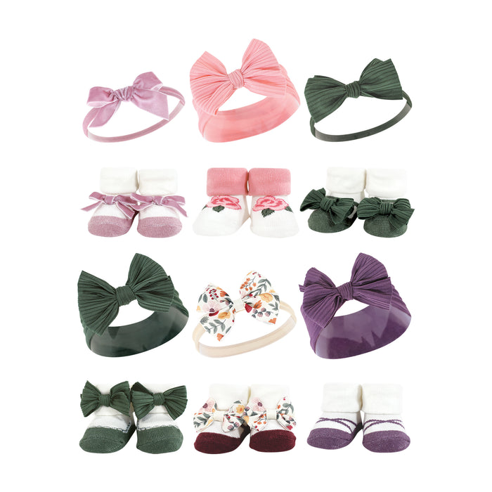 Hudson Baby 12 Piece Headband and Socks Giftset, Purple Green Fall Botanical, One Size