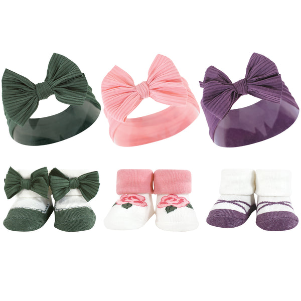 Hudson Baby Infant Girl Headband and Socks Giftset, Purple Green, One Size