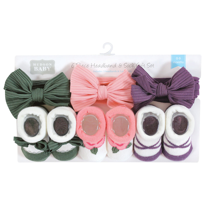 Hudson Baby Infant Girl Headband and Socks Giftset, Purple Green, One Size