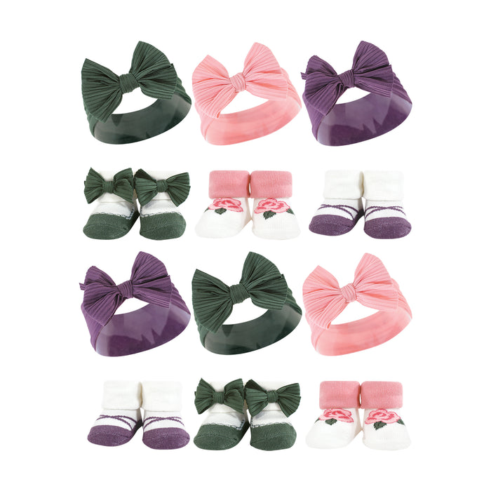 Hudson Baby Infant Girl 12 Piece Headband and Socks Giftset, Purple Green, One Size