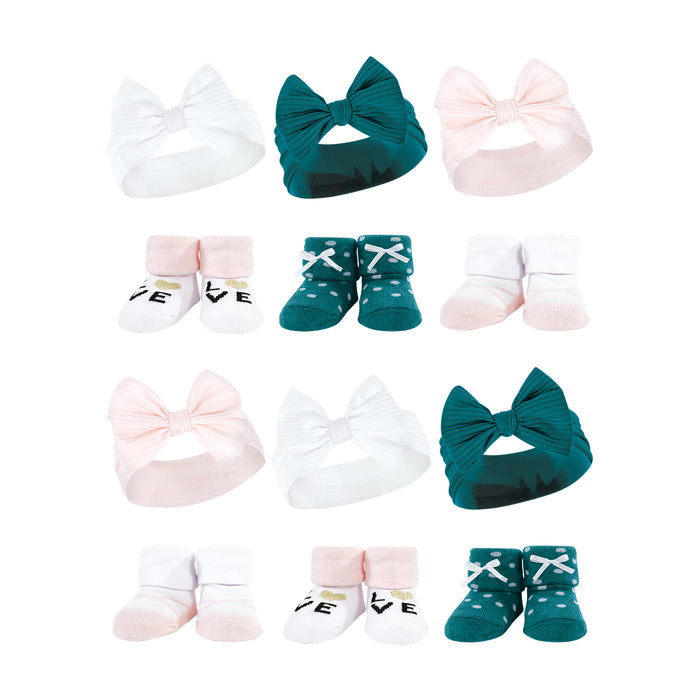 Hudson Baby Infant Girl 12 Piece Headband and Socks Giftset, Teal Pink, One Size