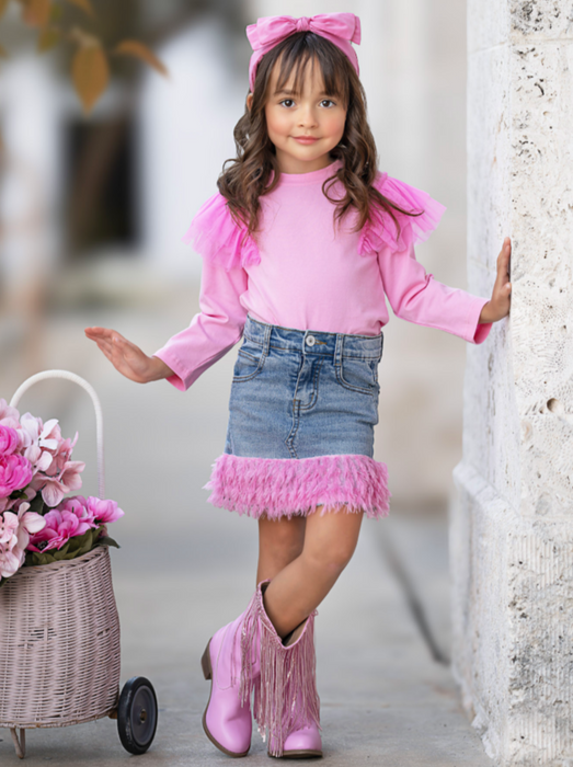 Mia Belle Girls Pink Ruffle Top and Feather Trim Denim Skirt Set