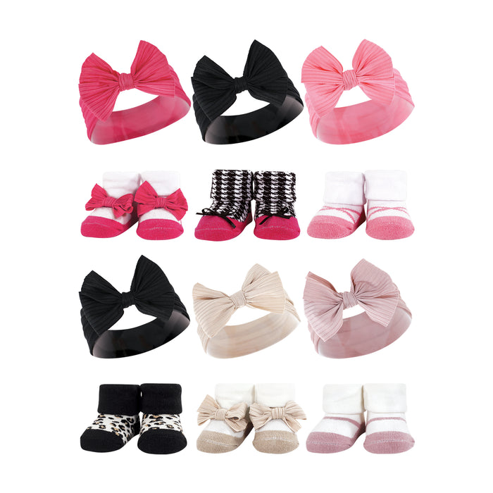 Hudson Baby 12 Piece Headband and Socks Giftset, Pink Black Taupe, One Size