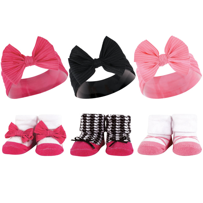 Hudson Baby Infant Girl 12 Piece Headband and Socks Giftset, Pink Black, One Size