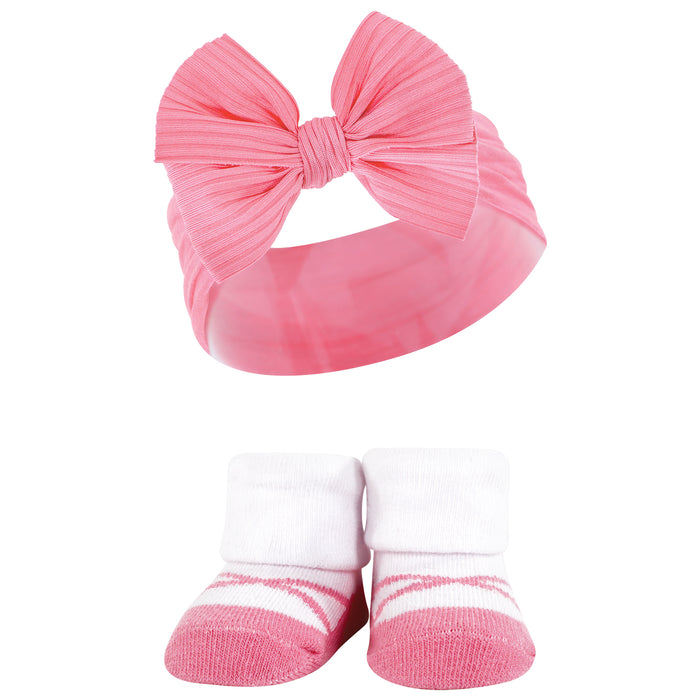 Hudson Baby Infant Girl Headband and Socks Giftset, Pink Black, One Size