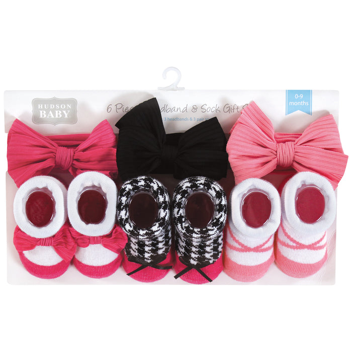 Hudson Baby Infant Girl Headband and Socks Giftset, Pink Black, One Size