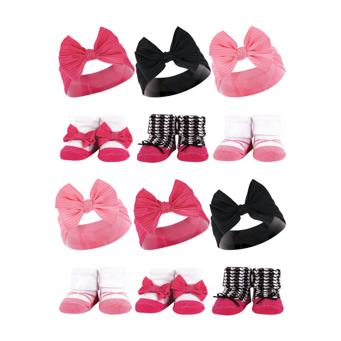 Hudson Baby Infant Girl 12 Piece Headband and Socks Giftset, Pink Black, One Size