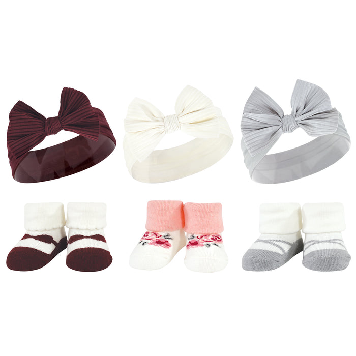 Hudson Baby Infant Girls Headband and Socks Giftset, Burgundy Gray, One Size