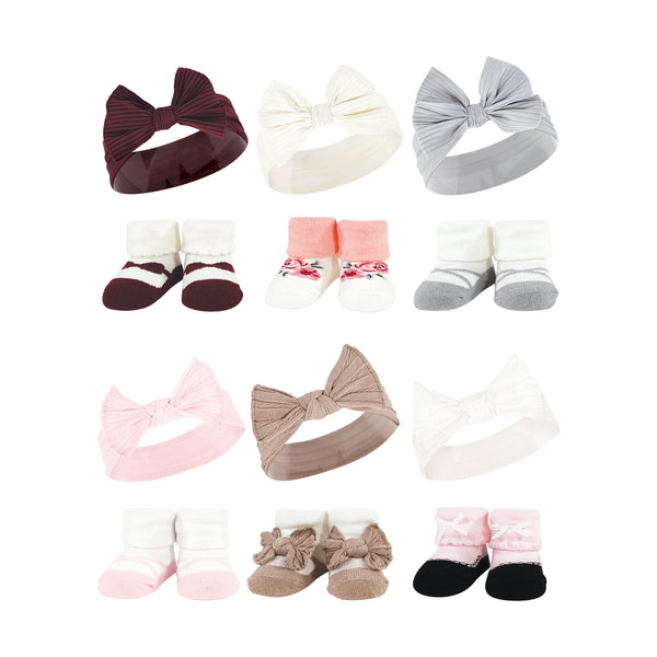 Hudson Baby 12 Piece Headband and Socks Giftset, Burgundy Gray Pink Taupe, One Size