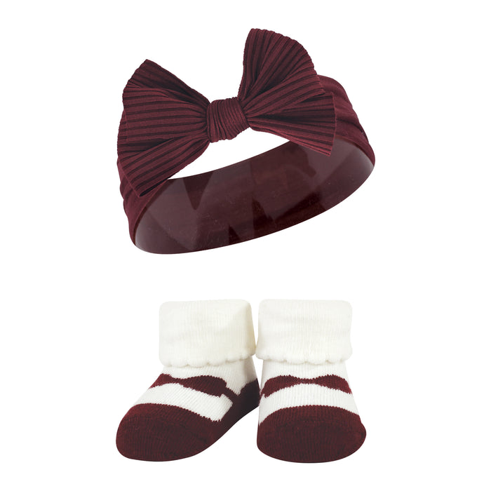 Hudson Baby Infant Girls Headband and Socks Giftset, Burgundy Gray, One Size