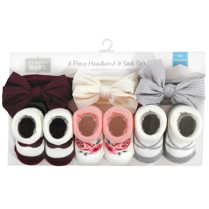 Hudson Baby Infant Girls Headband and Socks Giftset, Burgundy Gray, One Size
