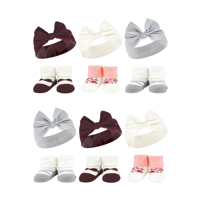 Hudson Baby Infant Girl 12 Piece Headband and Socks Giftset, Burgundy Gray, One Size