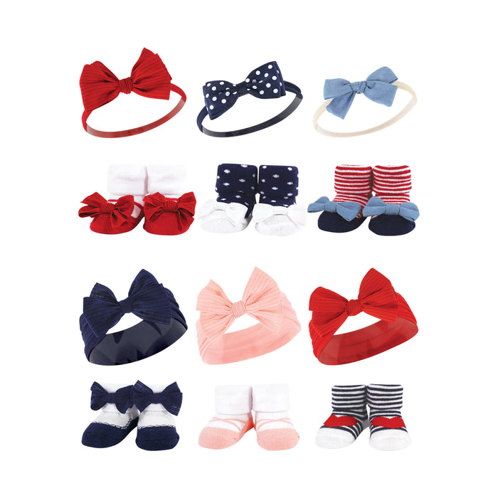 Hudson Baby 12 Piece Headband and Socks Giftset, Red Blue Bows Chambray, One Size