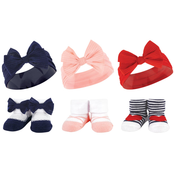 Hudson Baby Infant Girls Headband and Socks Giftset, Red Blue Bows, One Size