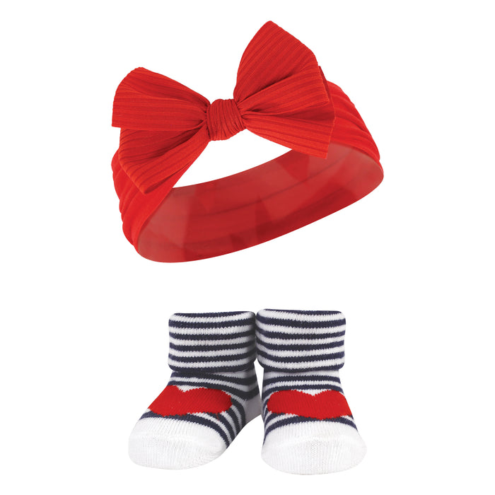 Hudson Baby Infant Girls Headband and Socks Giftset, Red Blue Bows, One Size