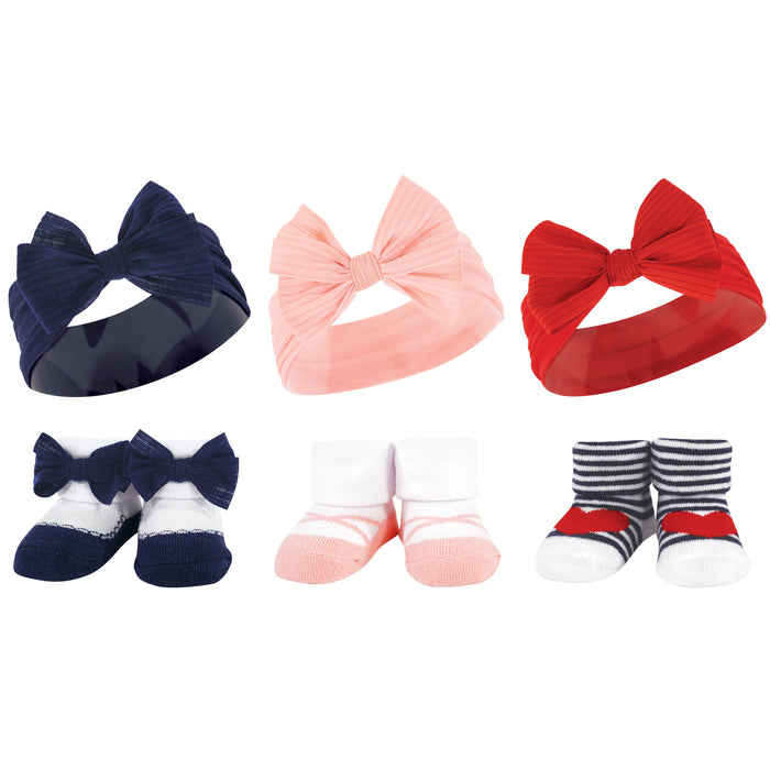 Hudson Baby Infant Girl 12 Piece Headband and Socks Giftset, Red Blue Bows, One Size