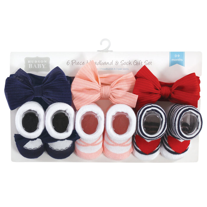 Hudson Baby Infant Girls Headband and Socks Giftset, Red Blue Bows, One Size