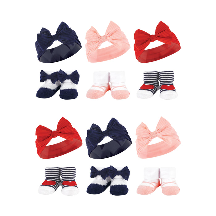 Hudson Baby Infant Girl 12 Piece Headband and Socks Giftset, Red Blue Bows, One Size