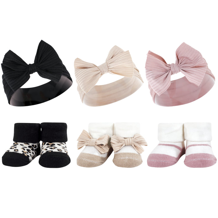 Hudson Baby 12 Piece Headband and Socks Giftset, Pink Black Taupe, One Size