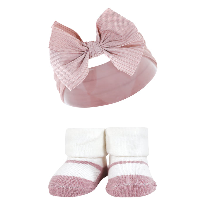Hudson Baby Infant Girl Headband and Socks Giftset, Taupe Pink, One Size