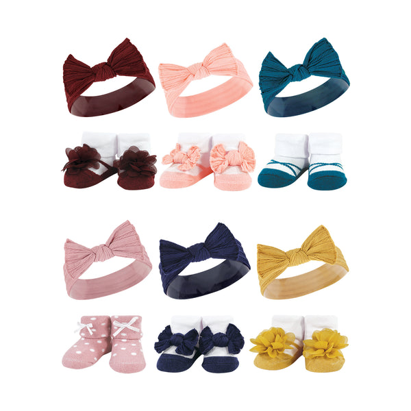 Hudson Baby 12 Piece Headband and Socks Giftset, Burgundy Teal Blush Navy, One Size