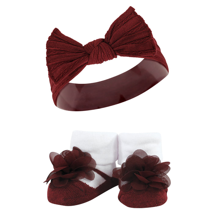 Hudson Baby Infant Girls Headband and Socks Giftset, Burgundy Teal, One Size