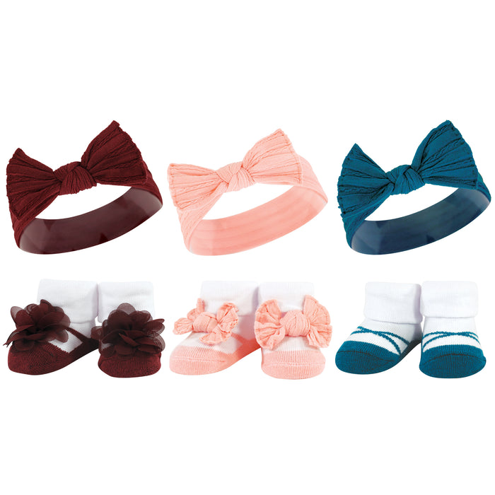 Hudson Baby 12 Piece Headband and Socks Giftset, Burgundy Teal Blush Navy, One Size